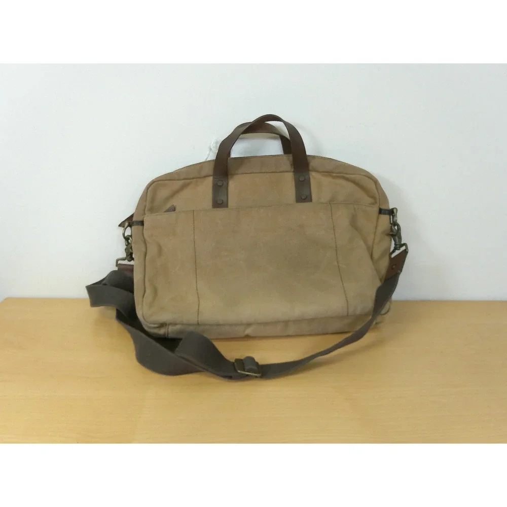 Tumi T-Tech Waxed Canvas Messenger Bag Briefcase Khaki Brown Leather Trim